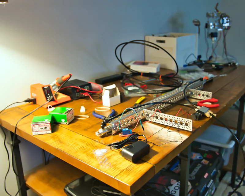 Charging accessories and cable on a workbench