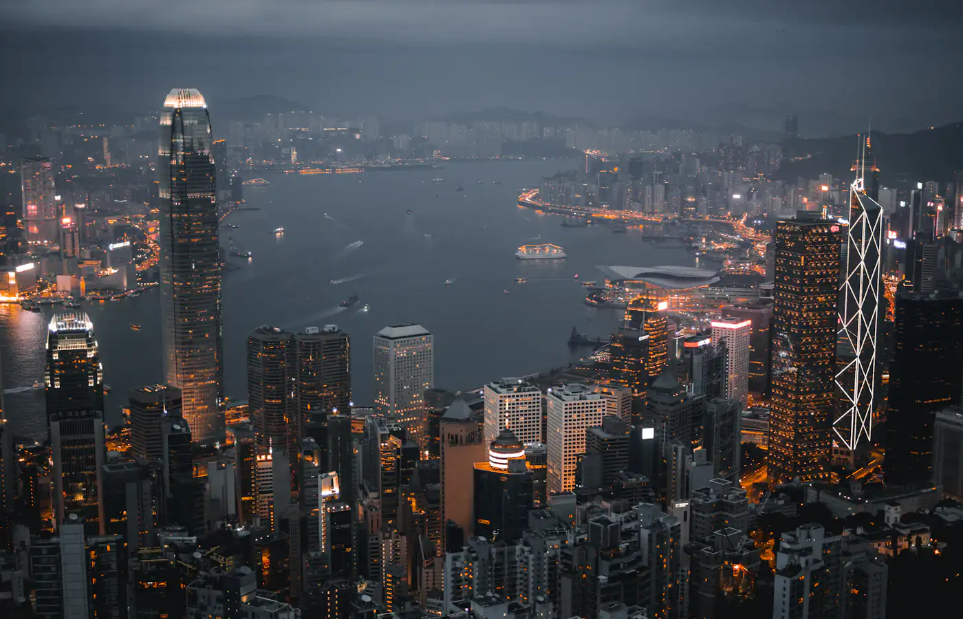 Hong Kong skyline across Victoria Harbour at dusk